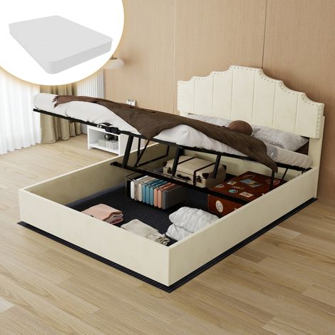 Bett mit Stauraum modern Stoff beige 140x200 cm mit gepolstertem Kopfteil, hydraulischem Lift und Matratze inklusive