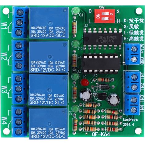 Module relais 4 canaux K64 A-12V, déclencheur haute/basse sensibilité réglable, verrouillage automatique, interrupteur auto-maintien, 12V, pour commande de circuits. (1/5)