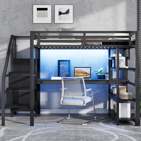 Lit Mezzanine métal noir-escalier-penderie ouverte-bureau intégré-rangements-station USB-LED-255x145x174,5cm-Sans Matelas