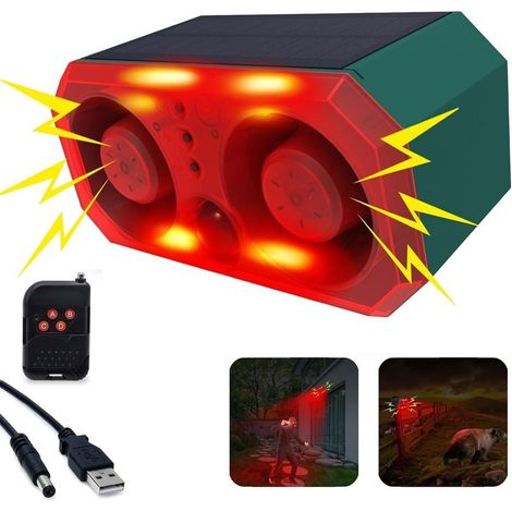 Alarme solaire extérieure avec détecteur de mouvement : alarme sonore pour chien aboiement avec 2 détecteurs de bruit de 130 dB, 4 modes de travail, alarme de tir d'aboiement de chien, prend en charge (1/5)