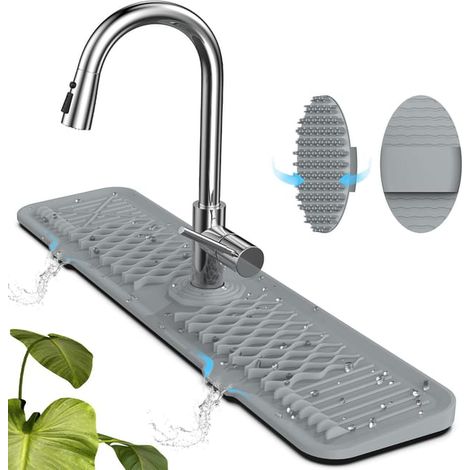 Protection contre les éclaboussures d'évier de cuisine en Silicone avec brosse de nettoyage, tampon d'évier Long et épais, gris (1/4)