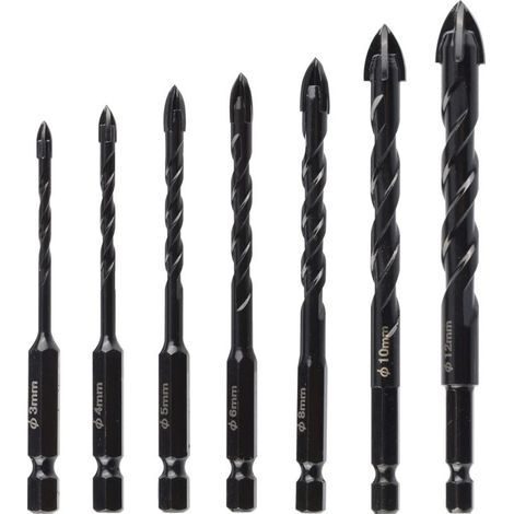 7-teiliges Betonbohrer-Set, schwarze Bohrer mit 4 harten Schneidkanten, multifunktionales Lochbohrwerkzeug für Stein, Fliesen, Ziegelwände, Glas, Holz, Mauerwerk, Keramik und Granit (3/4/5/6/8/10/12 m (1/5)