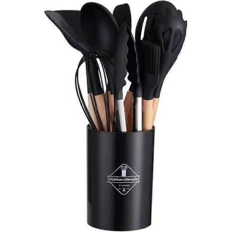 BelleRise - Ensemble de 12 ustensiles de cuisine antiadhésifs en silicone, spatule de cuisson, accessoires de cuisine noirs (1/5)