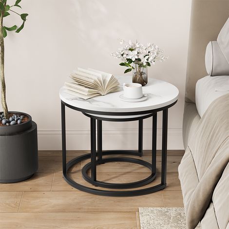 Tables basses gigognes blanches 2 pièces, rondes Ø60 cm, cadre métal, style moderne