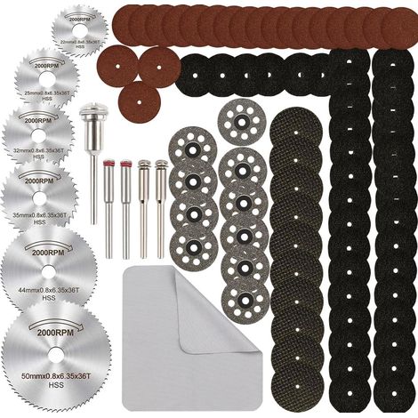 Set di 88 dischi da taglio per utensili rotanti, lame circolari diamantate HSS per legno, vetro, plastica, metallo, pietra, con mandrini per Dremel (1/4)