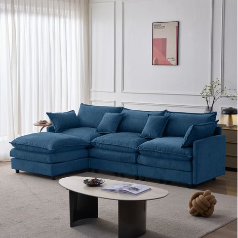 Canapé d’angle modulable 3 places avec pouf, assise confortable, structure en bois, 267×154×85 cm, chenille bleu (1/5)