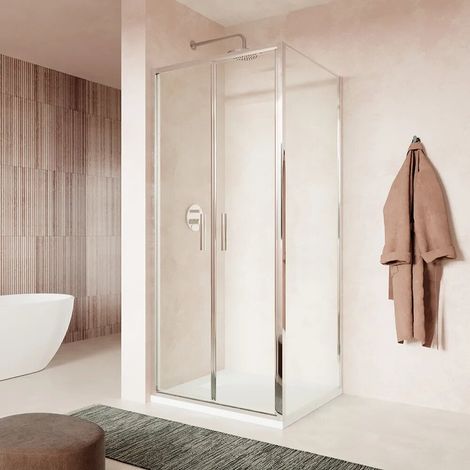 Cabine de douche slim 90x100 cm avec ouverture saloon et paroi fixe profilés chromés et verre transparent 6 mm h190 Portofino (1/4)