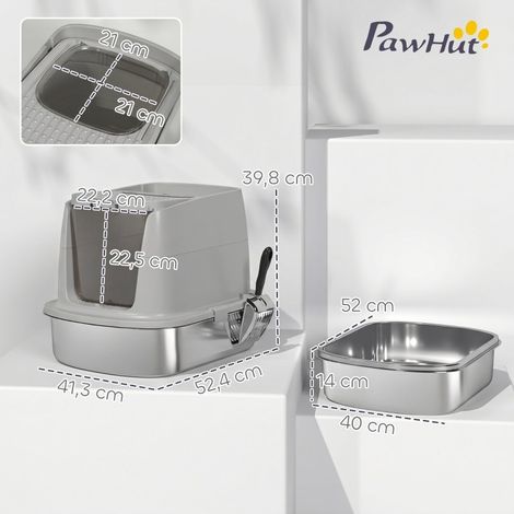 Litière pour chat en acier inoxydable avec couvercle, pelle et sac désodorisant, entrée et sortie (1/5)