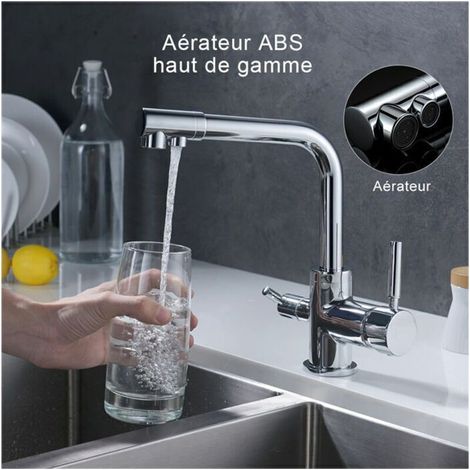 Robinet de cuisine 3 voies pivotant à 360°, avec sortie eau filtrée pour eau potable – Robinet haut débit pour évier de cuisine, montage mural ou sur plan de travail (1/3)
