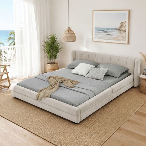 Letto matrimoniale 160x200 cm in ciniglia beige con testiera alta, senza materasso – MEUBLIV (1/5)