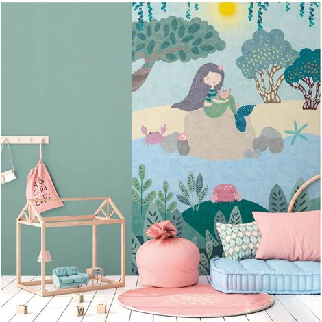 Photo wallpaper wall Profhome 770671 non-woven wallpaper smooth with pattern for kids matt blue pastel turquoise green brown beige 1,59 m x 2,8 m (1/5)