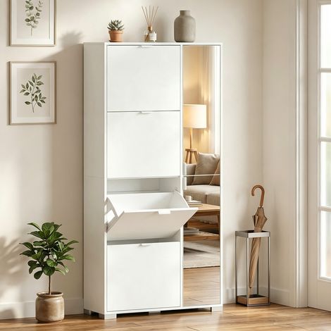 Meuble à chaussures 16 paires armoire à chaussures 4 tiroirs rabattables 2 portes en miroir étagères réglables blanc (1/5)