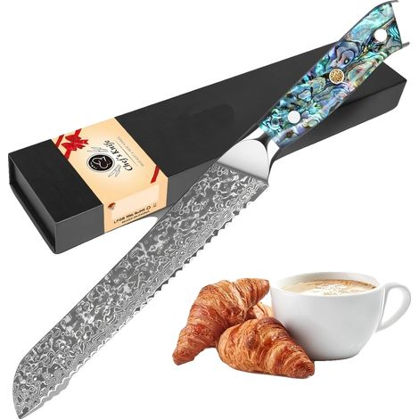 Cuchillo para pan, acero de Damasco de 67 capas, mango ergonómico de abulón, MULTI (1/2)