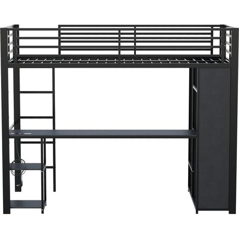 Cama alta 90 x 200 cm metal MDF negro con escritorio, LED, estantería y armario (1/5)