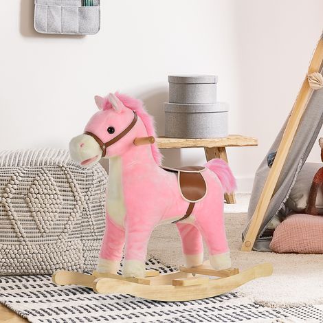 Cheval à Bascule Selle Grand Confort Peluche Courte Douce Bois peuplier Rose dim. 65L x 32,5l x 61H cm (1/5)
