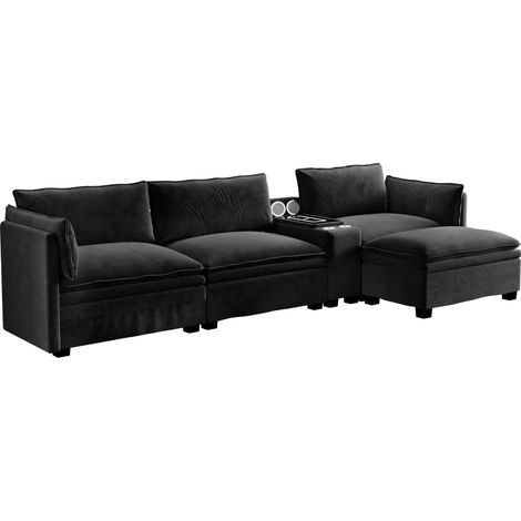 CHICFURN Sofá rinconera modular 315 x 70 x 85 cm en chenilla negra con almacenamiento (1/5)