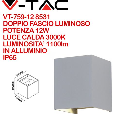 V-TAC VT-759-12 8531 Lampada LED da Muro Quadrata Doppio LED COB 12W Colore Grigio Satinato Fascio Luminoso Regolabile 3000K IP65 (1/5)