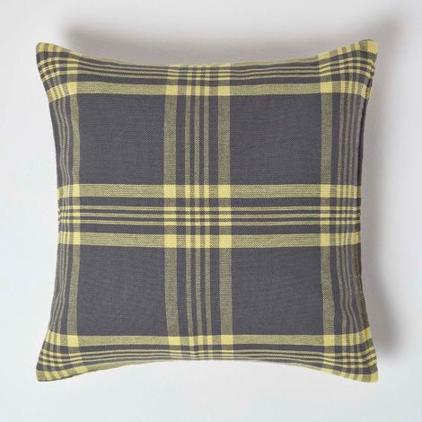 HOMESCAPES Grey & Yellow Tartan Pattern Cushion Cover, 60 x 60 cm