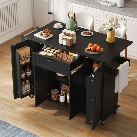 Îlot de cuisine avec plan de travail rabattable,desserte sur roulettes,meuble de cuisine à 4 portes et 1 tiroir,étagères à épices intégrées aux portes, porte-serviettes double face,noir 120×45(70)×95 (1/5)
