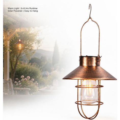 Lampada a sospensione solare Toivize - Stile retrò - Ferro dorato - Gancio a S - Luce LED calda per giardino, patio, decorazione romantica all'aperto (1/4)