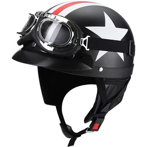 Casque rétro à rayures et emblème étoilé — Demi-casque de sécurité pour la conduite, équipé de lunettes coupe-vent