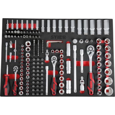 Stier – Jeu de douilles 179pcs 1/4' 3/8' 1/2' – Acier au chrome-vanadium – Cliquets réversibles 72 dents – Rangement en mousse EVA (1/5)