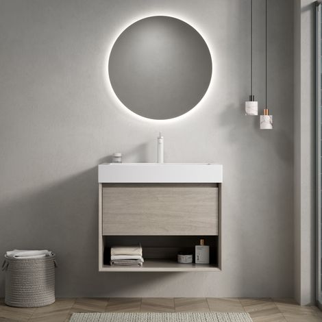 Mueble de baño suspendido 70 cm moderno, acabado roble claro con lavabo integrado blanco de resina, 1 cajón y estante abierto (1/5)