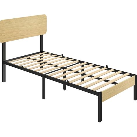 Lit 90x200 cm avec tête de lit, cadre en métal noir, sommier à 14 lattes, rangement sous lit 31,5 cm, style bois clair pour chambre moderne – CHICFURN (1/5)