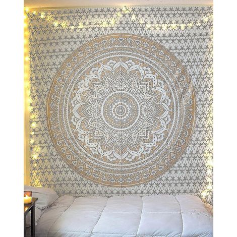 Tapisserie murale mandala indienne, tapisserie mandala dorée, tapisserie murale bohème en tissu pour chambre à coucher (1/5)