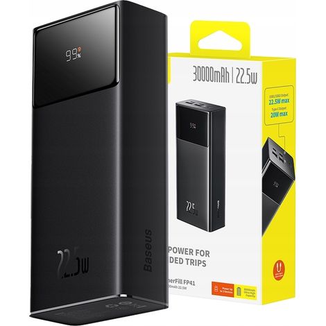 Powerbank da 30000 mAh 22,5 W con cavo USB-A - USB-C 3A da 30 cm - nero (1/5)