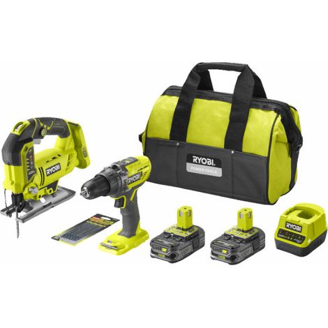 RYOBI PACK - Seghetto alternativo a pendolo 18V ONE+ (R18JS-0) - Trapano/avvitatore a percussione 18V ONE+ a 2 velocità (R18PD3-0) - 2 batterie da 2,5 Ah - 1 caricabatterie rapido - Borsa portautensil (1/5)