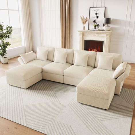 Canapé d’angle modulable en U 6 places 290x159,5x89cm avec accoudoirs réglables,6 coussins,2 poufs,velours côtelé,beige (1/5)