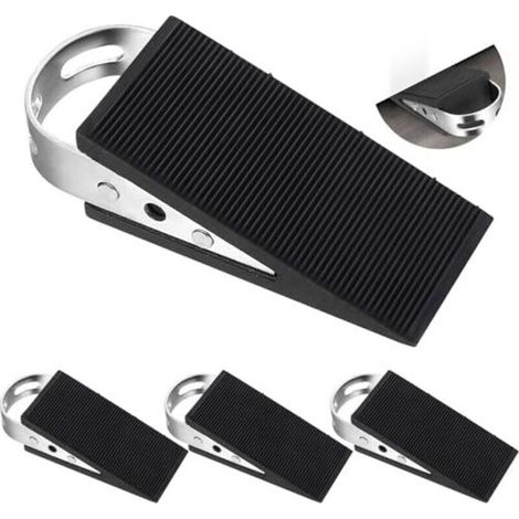 Set mit 4 Türkeilen aus Gummi, rutschfeste Türstopper mit Edelstahlgriff, keilförmig, schwarz, für alle Türen und Böden, Zuhause, Büro, Hotel (1
