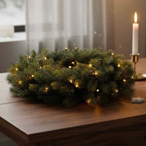Kunst Tannenkranz 40 cm warm weiß beleuchtet für Außen mit Timer - 49 LED - Adventskranz halbgebunden aus Spritzguss mit Beleuchtung batteriebetrieben