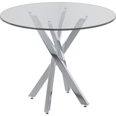 Table à manger ronde 80x80x75 cm avec plateau en verre trempé et pieds métalliques galvanisés argentés (1/5)