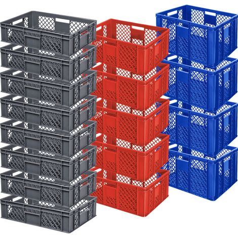 BRB Lot de 17 caisses de boulangerie / bacs euros ajourés, dimensions de base (L x l x H) : 600 x 400 mm, H : 150-320 mm, 27-63 l, bleu, gris, rouge (1/3)