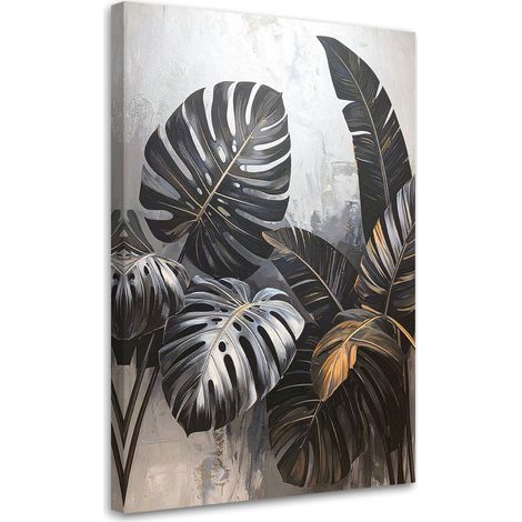 Cuadro en Lienzo Hojas negras de monstera y platanero sobre fondo gris 20x30 (1/5)