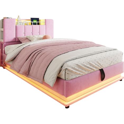 Kinderpolsterbett 90 x 200 cm mit LED und USB, Hydraulischem Bettkasten, Ohne Matratze, Rosa (1/5)