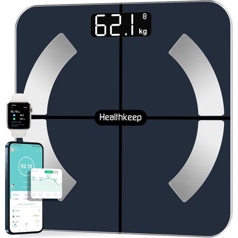 Healthkeep Pèse Personne Numériques, Balance Connectée Bluetooth Impédancemètre avec 13 Données Corporelles (BMI/Graisse Corporelle/Masse Osseuse/BMR/Muscle/Eau) pour APP Max 180kg