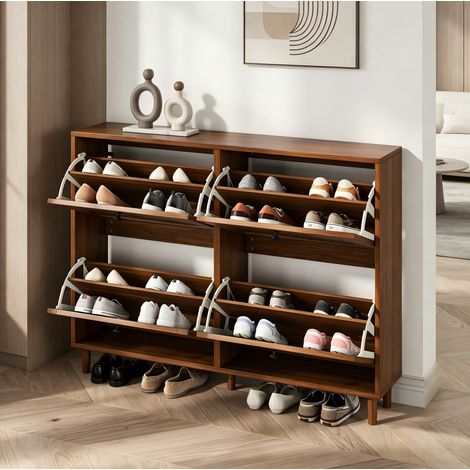 Meuble à chaussures 4 abattants, 120x24x90 cm, 8 compartiments, rangement ouvert, en MDF, noyer (1/5)
