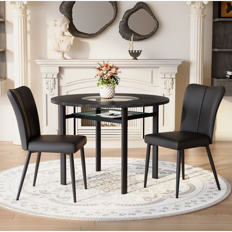 Ensemble Esstisch und 2 Stühle, Tischplatte aus MDF und Glas, mit PU Leder, Schwarz (1/5)