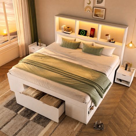 Bett 140x190 mit Stauraum, 2 mobilen Nachttischen, LED, USB und USB-C, weiß HAVRYA (1/4)