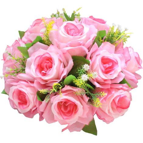 Boule de fleurs artificielles, rose lumineuse, Arrangement réaliste de 15 têtes pour décor de pièce matresse de mariage (1/5)