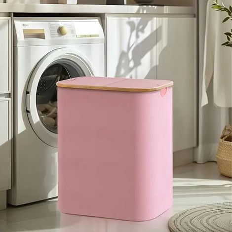 Cesto plegable para ropa sucia, 140 l, 2 compartimentos, con asas de bambú, con bolsas de tela Oxford extraíbles para lavandería, dormitorio y baño, color rosa.