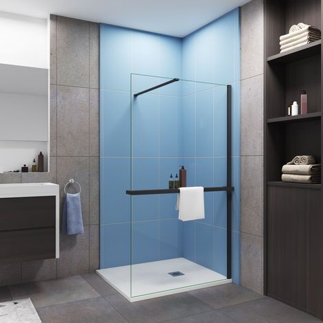 Paroi de douche à l'italienne 90x200cm installé avec une barre de fixation noir en 90cm,livré avec étagère de douche noir