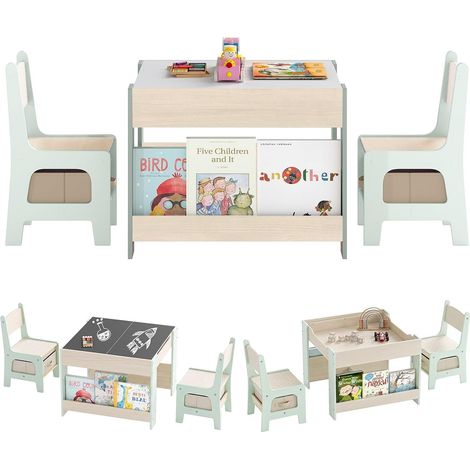 COSTWAY 4 en 1 Table Enfant avec 2 Chaises & Plateaux Réversibles, Vert (1/5)