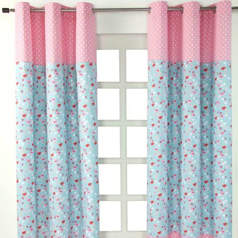 HOMESCAPES Gardinen Vögel & Blumen rosa blau 2er Set 137 x 117 cm