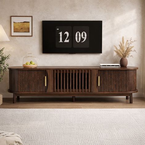 Meuble TV bas - 165x39,5x46 cm - Marron rétro - Avec portes coulissantes et porte rabattable - Support TV stable pour jusqu'à 65" (1/5)
