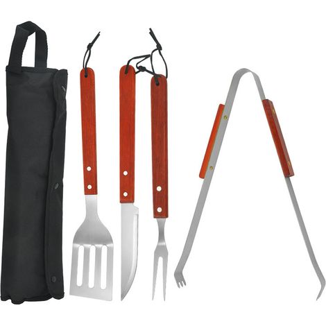 Set 4 ustensiles de barbecue - DEUBA - acier inoxydable - poignées anti-dérapantes - sac de transport pliable (1/3)