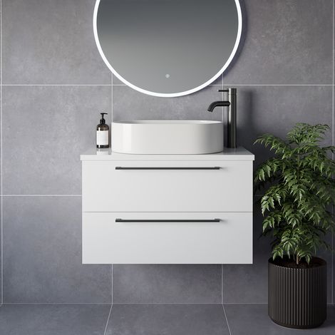 Napoli 390 Gloss White 800mm Wall Mounted 2 Drawer Vanity Unit for Countertop Basins - 800mm - Gunmetal Grey 480mm Handle